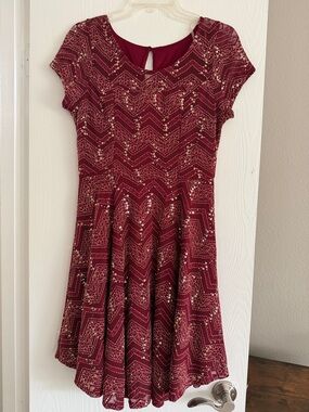 Burgundy Sequin Fit-and-Flare Mini Dress